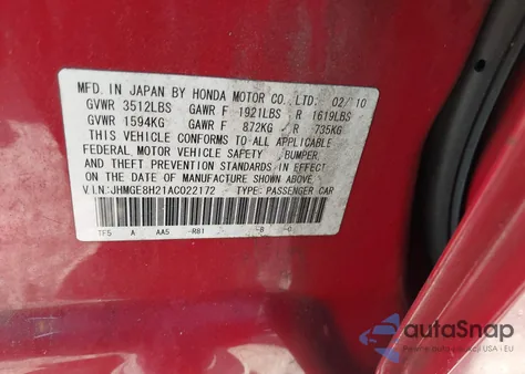 2010 Honda Fit from USA, damaged, VIN JHMGE8H21AC022172